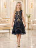A-Line 1920s Inspired Beaded Flower Girl Dress with Sleeveless Beaded Bodice, Sequined Tulle, Tea-Length Hem, Deco Evening Fo