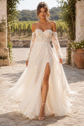 Ivory Sexy Off-the-Shoulder A-Line Soft Tulle Wedding Dress with Detached Long Sleeves and Sweep Train front view