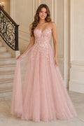 Blushing Pink Strapless Glitter Tulle A-Line Prom Gown with Corset Bodice front view
