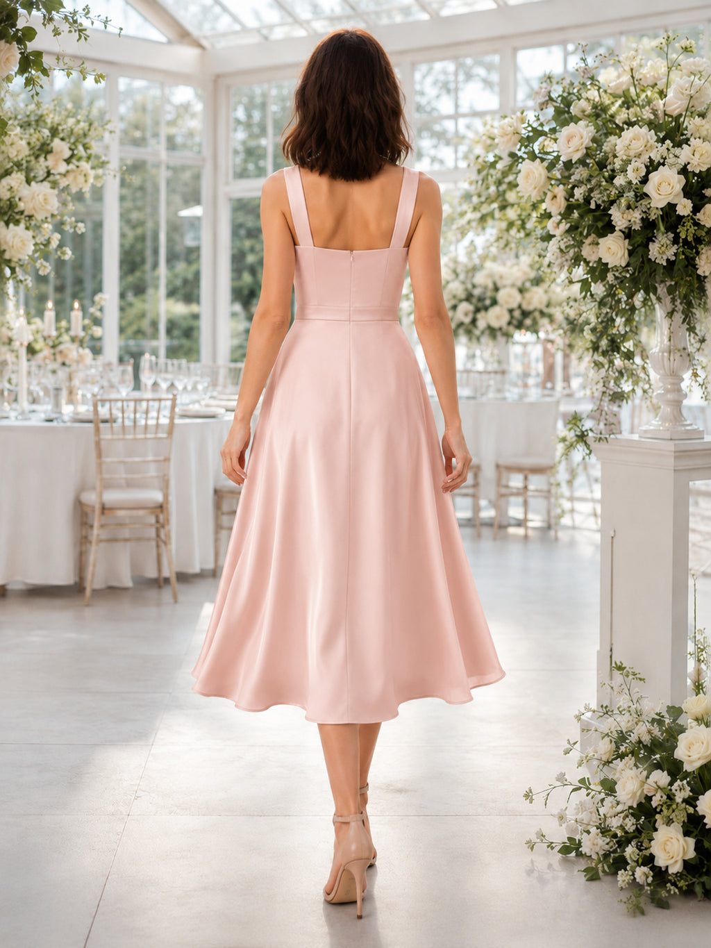 Blush Satin Square Neck Strap A Line Midi Dress back view
