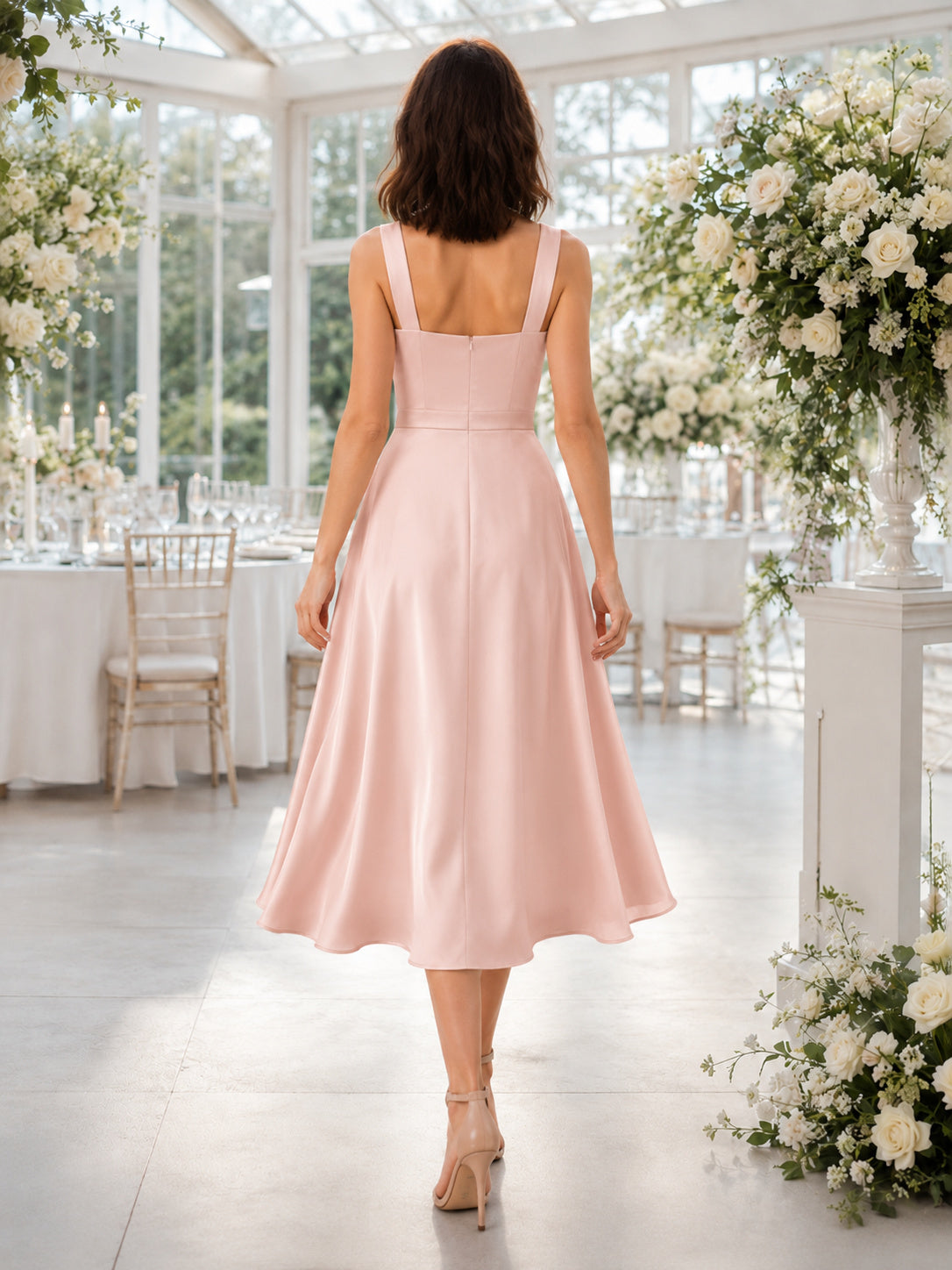 Blush Satin Square Neck Strap A Line Midi Dress back view
