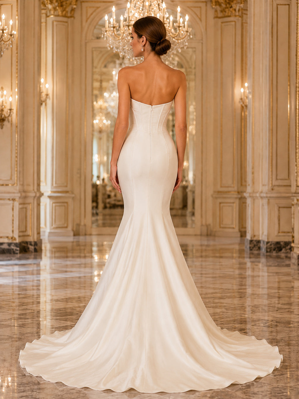 Soft Neutral Satin Strapless Mermaid Evening Gown back view