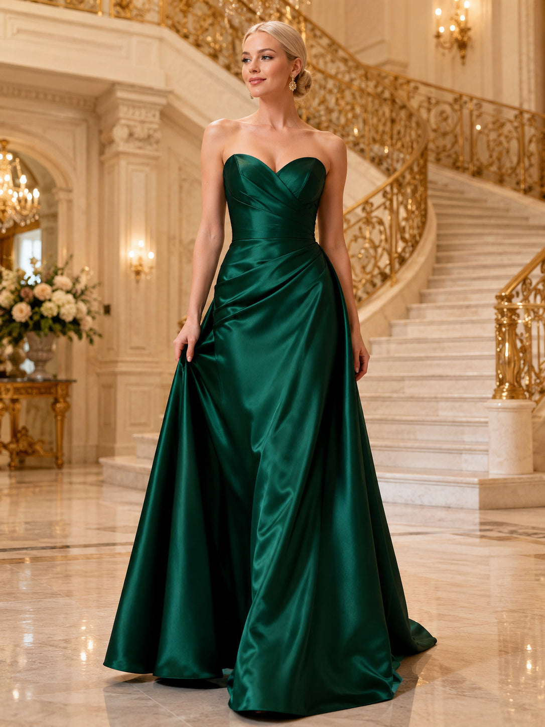 Emerald Strapless Sweetheart Satin A Line Opera Night Gown front view