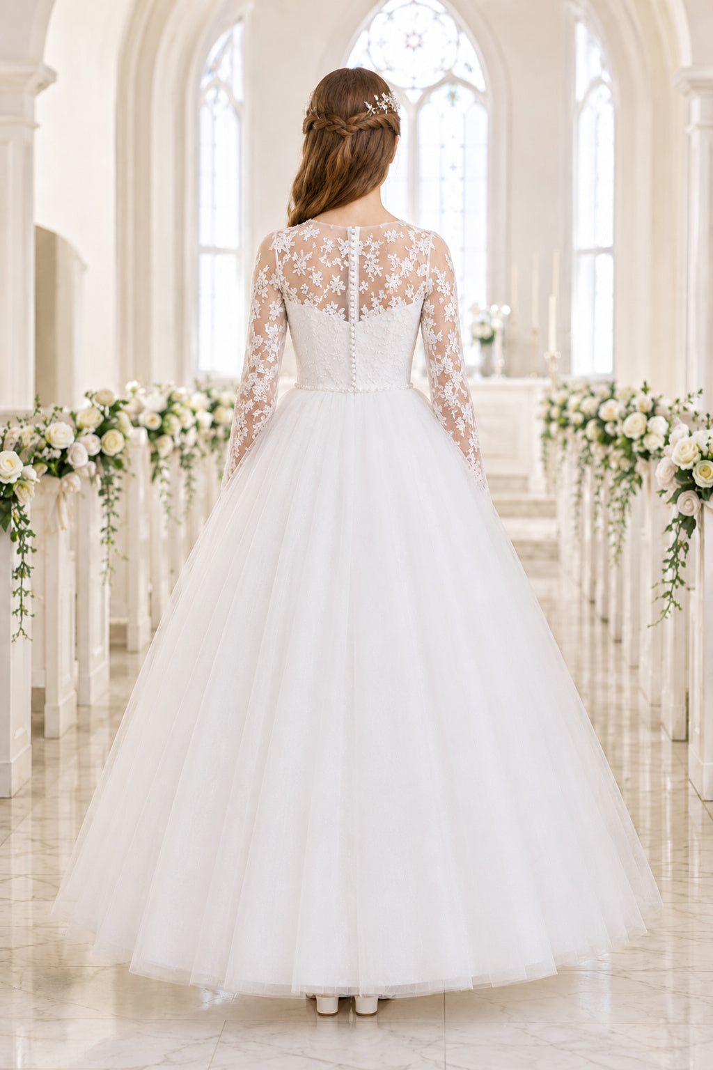 Ivory Long Sleeve Lace Princess Bodice with Full Tulle Skirt Floor Length A-Line Wedding Dress back view