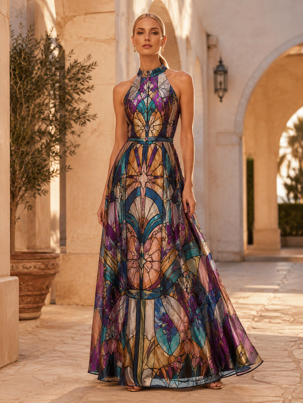 Stained Glass Halter Illusion A Line Evening Maxi Dress front view