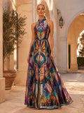 Stained Glass Halter Illusion A Line Evening Maxi Dress front view