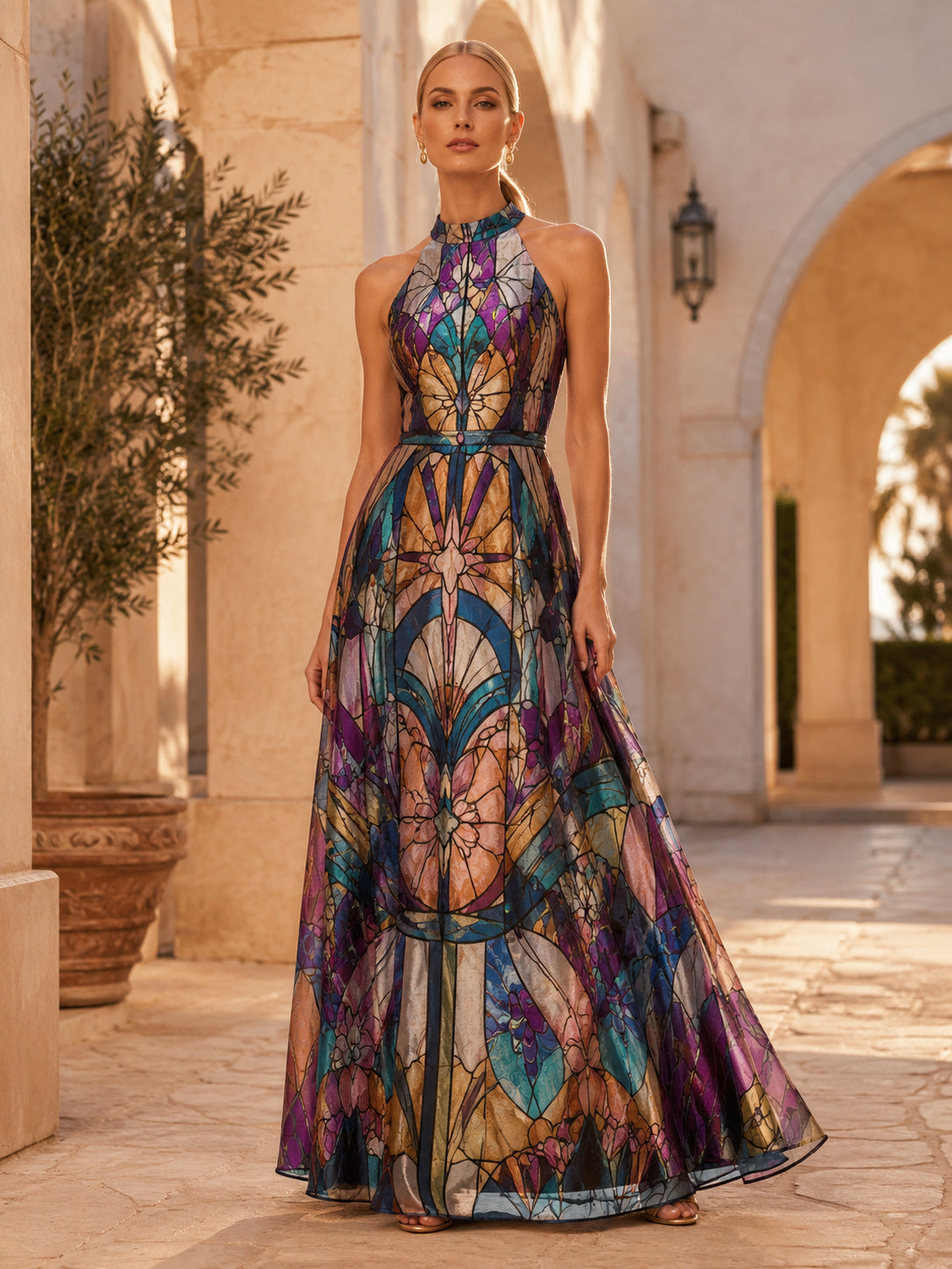 Stained Glass Halter Illusion A Line Evening Maxi Dress front view