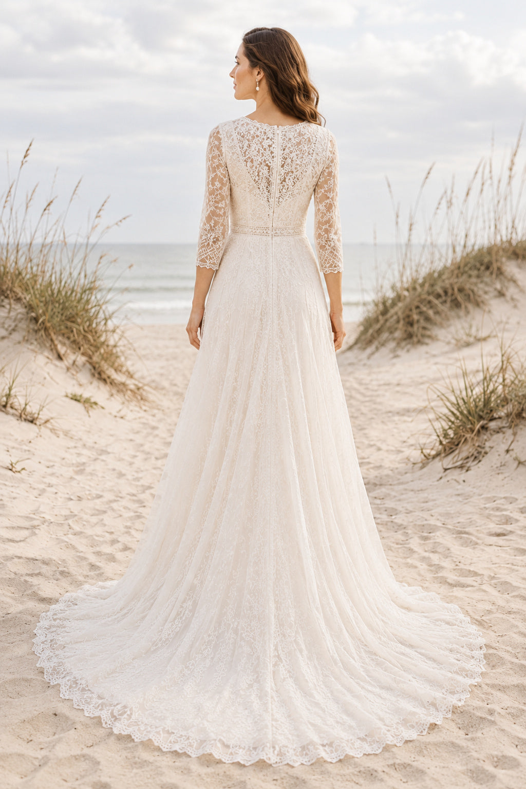 Ivory Boho V-Neck A-Line Soft Tulle Wedding Dress with Long Lace Sleeves and Sweep Train back view