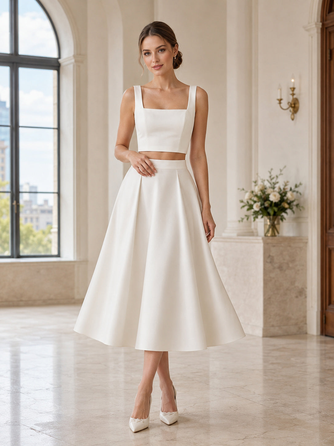 Simple Bridal Two Piece Square Neck Sleeveless Satin Tea Civil Wedding Outfit front view