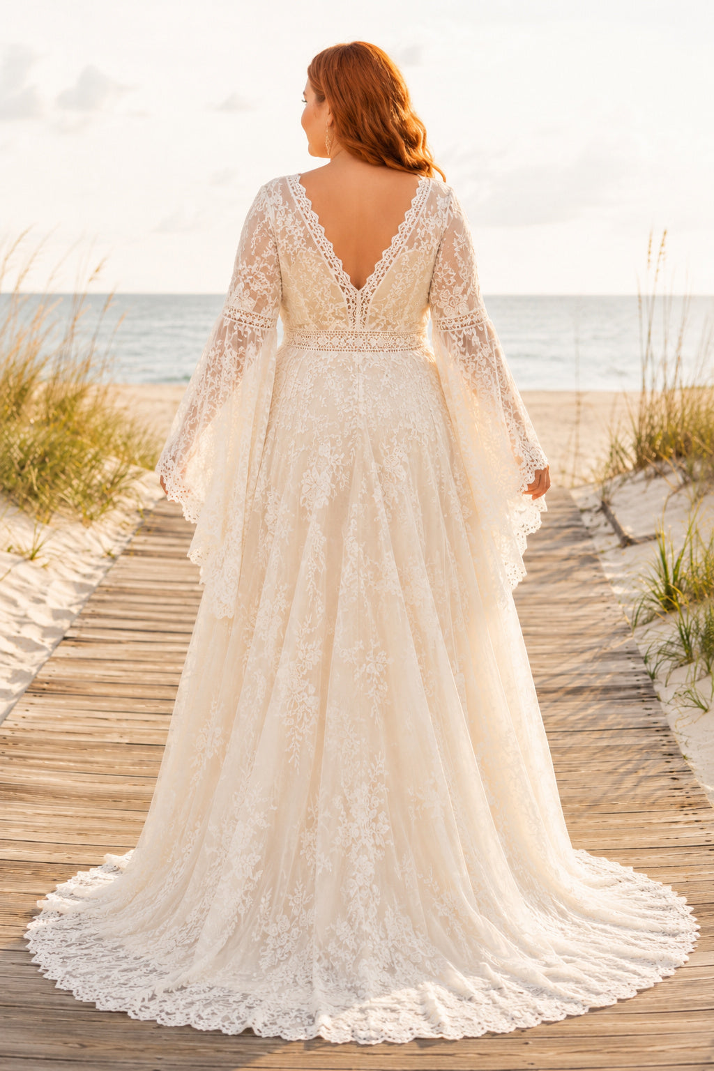 Plus Size Ivory V-Neck Bell Sleeve Lace Tulle A-Line Wedding Dress with Split Front Skirt and Bell Sleeves back view