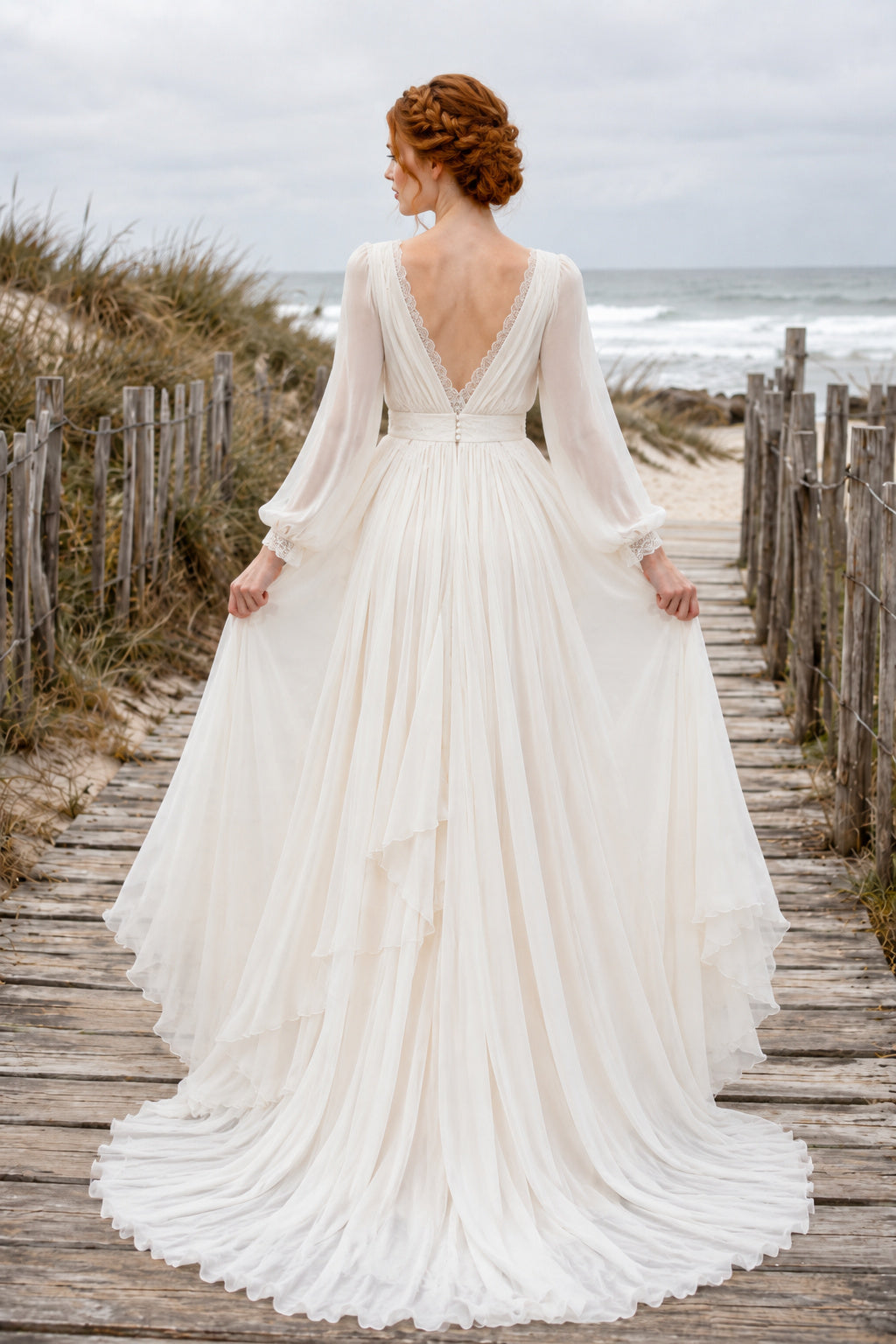 Ivory Long Poet Sleeve V-Neck Chiffon A-Line Wedding Dress Train for Bridal Ceremony and Reception back view
