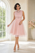 High-Neck Sleeveless A-Line Tulle Knee-Length Dress With Lace Bodice