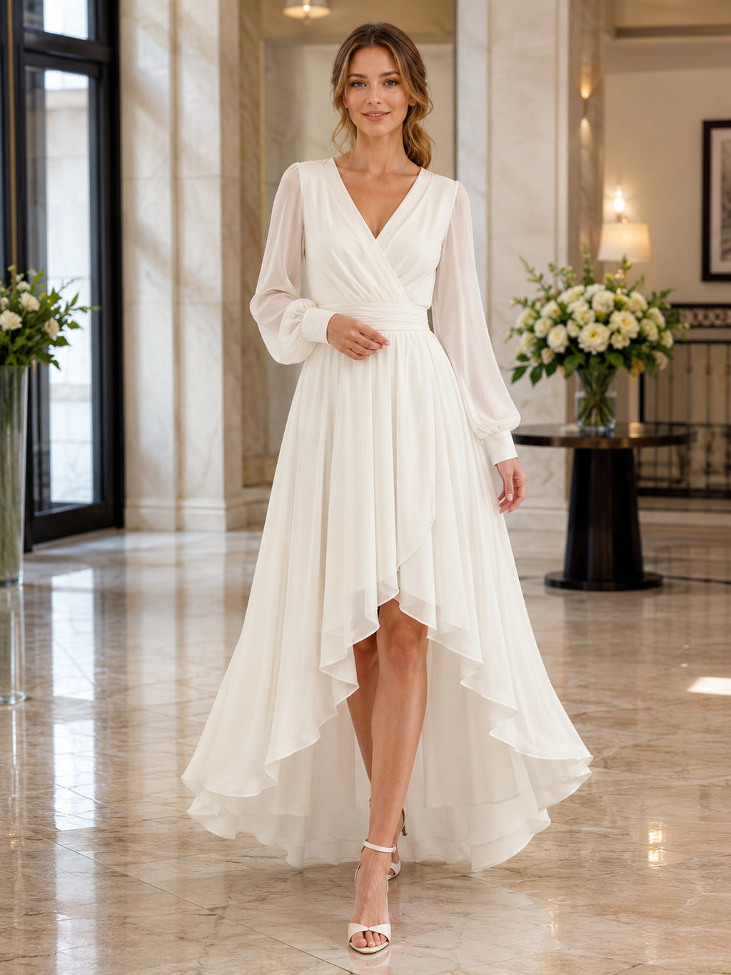 Chiffon Wedding Dress A-Line V-Neck Long Sleeve High Low Ruffle Detail Bridal Gown front view