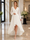 Chiffon Wedding Dress A-Line V-Neck Long Sleeve High Low Ruffle Detail Bridal Gown front view