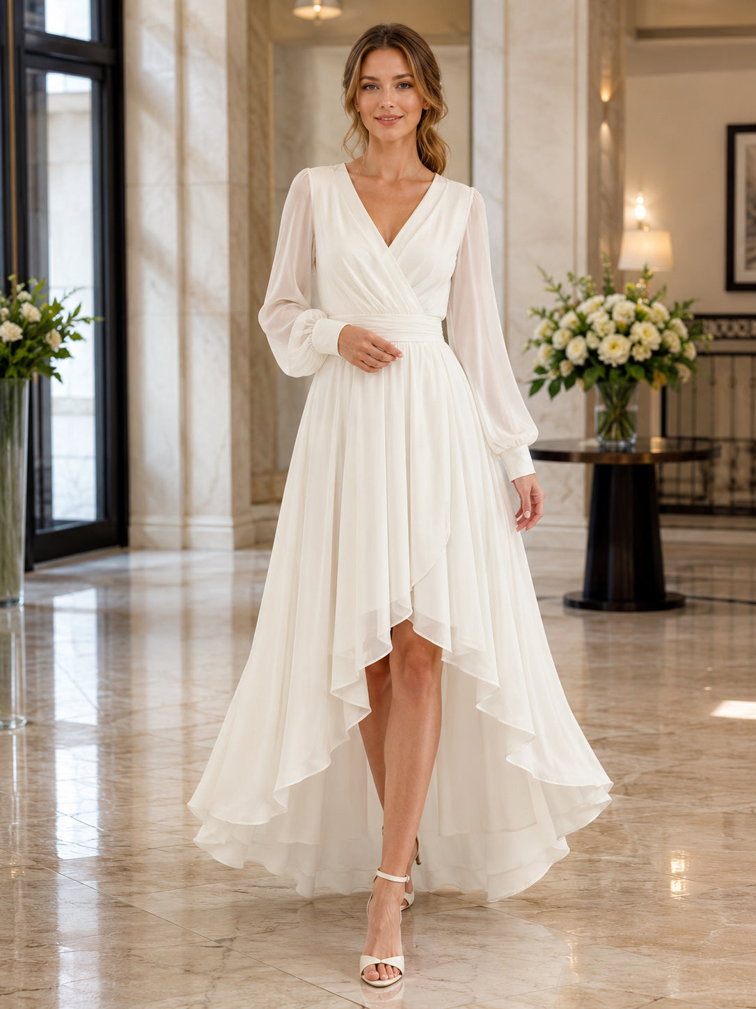 Chiffon Wedding Dress A-Line V-Neck Long Sleeve High Low Ruffle Detail Bridal Gown front view