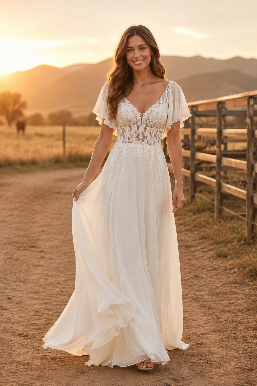 Flutter Sleeve V-Neck A-Line Wedding Dress with Lace Bodice and Chiffon Skirt for Rustic Garden Ceremony front view