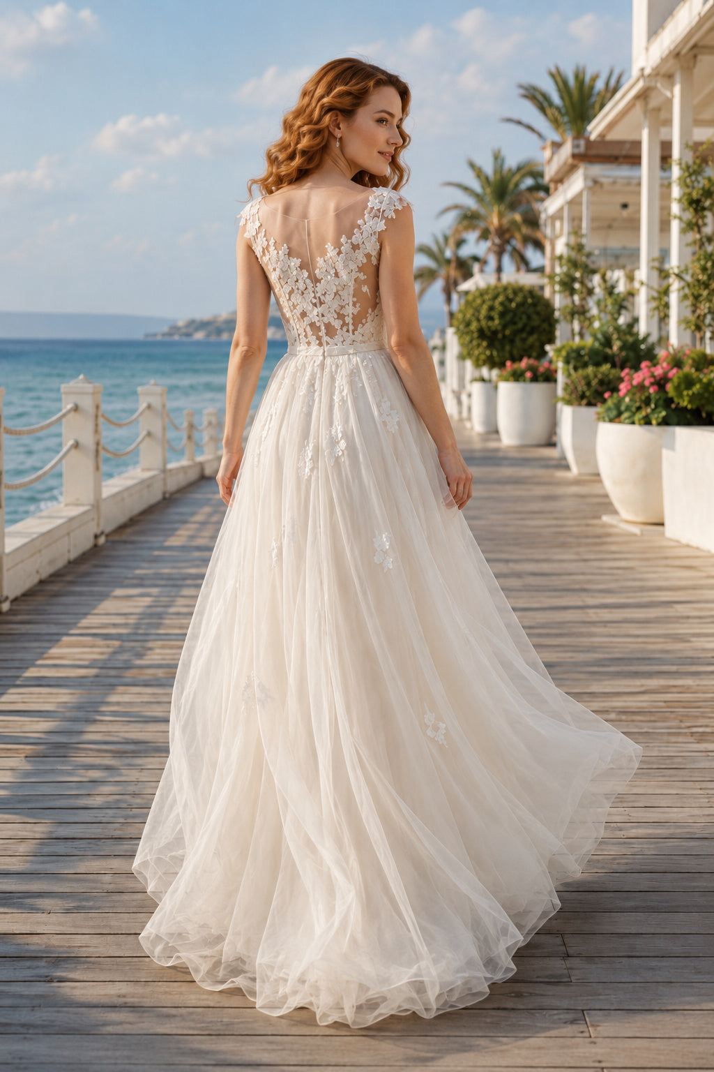 Plus Size Ivory A-Line Wedding Dress with V-Neck Lace Bodice and Soft Tulle Skirt back view