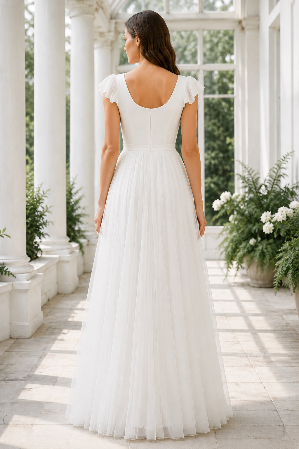 White Flutter Cap Sleeve Scoop Neck Dress with Tulle Skirt Floor Length A-Line Wedding Dress back view