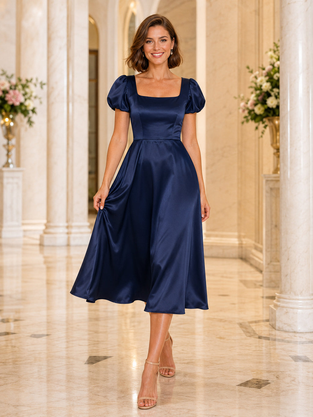 Navy satin square neck puff sleeve A-line midi dress front view