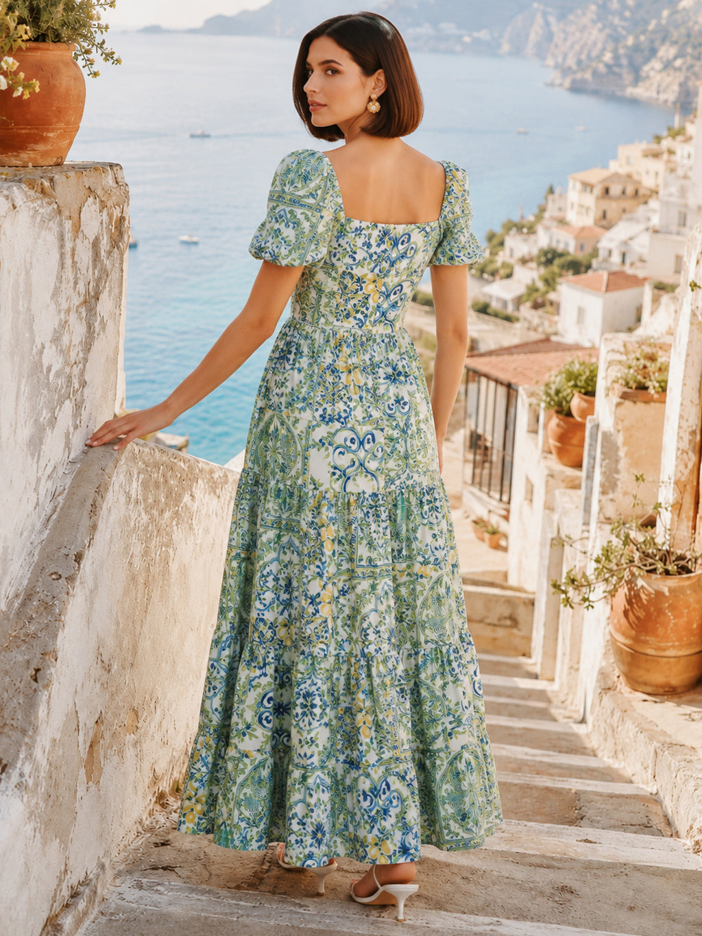 Green Amalfi Tile Square Neck Puff Sleeve Maxi Dress back view