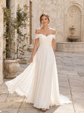 Petite Off-Shoulder Sweetheart Chiffon A-Line Sweep Train Wedding Dress front view