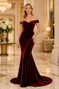 Burgundy Off-the-Shoulder Velvet Mermaid Evening Dress with Train front view