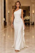 Ivory one shoulder sheath wedding dress with side drape and sweep train Floor-length And Sweep/Brush Train Sheath Wedding Dre
