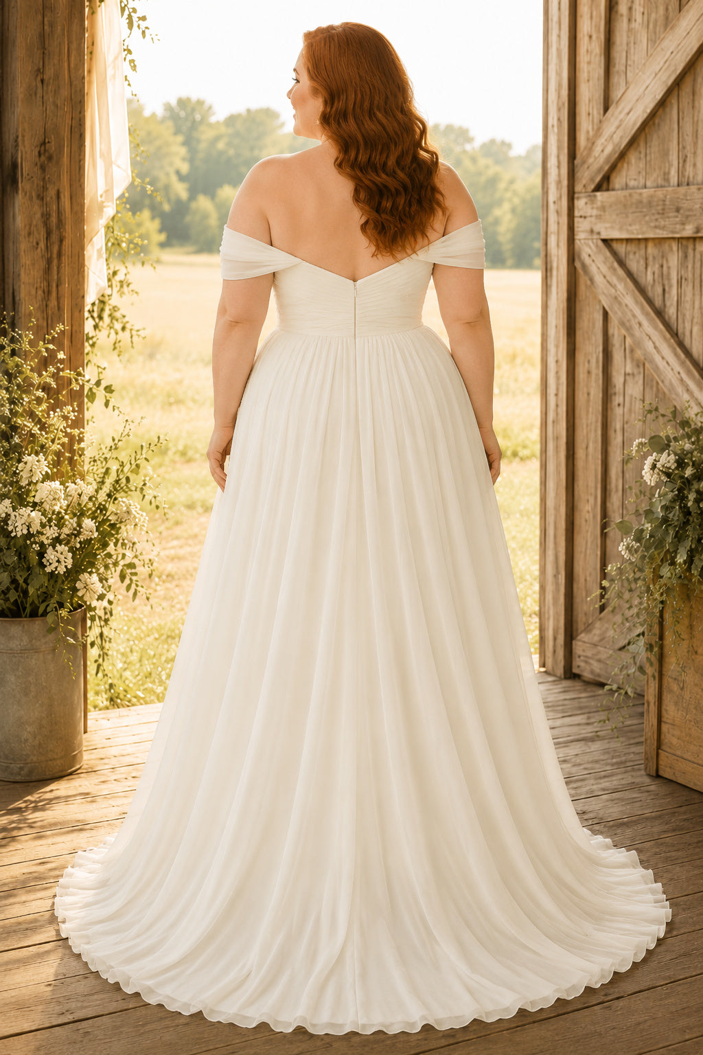 Plus Size Ivory Off-the-Shoulder Chiffon A-Line Wedding Dress back view