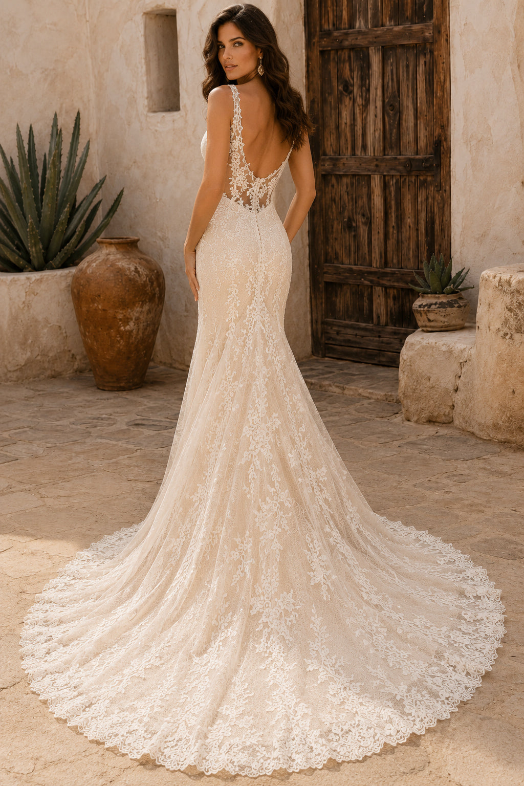 Ivory Spaghetti Strap Mermaid Lace Wedding Dress with Plunging Neckline and Train back view