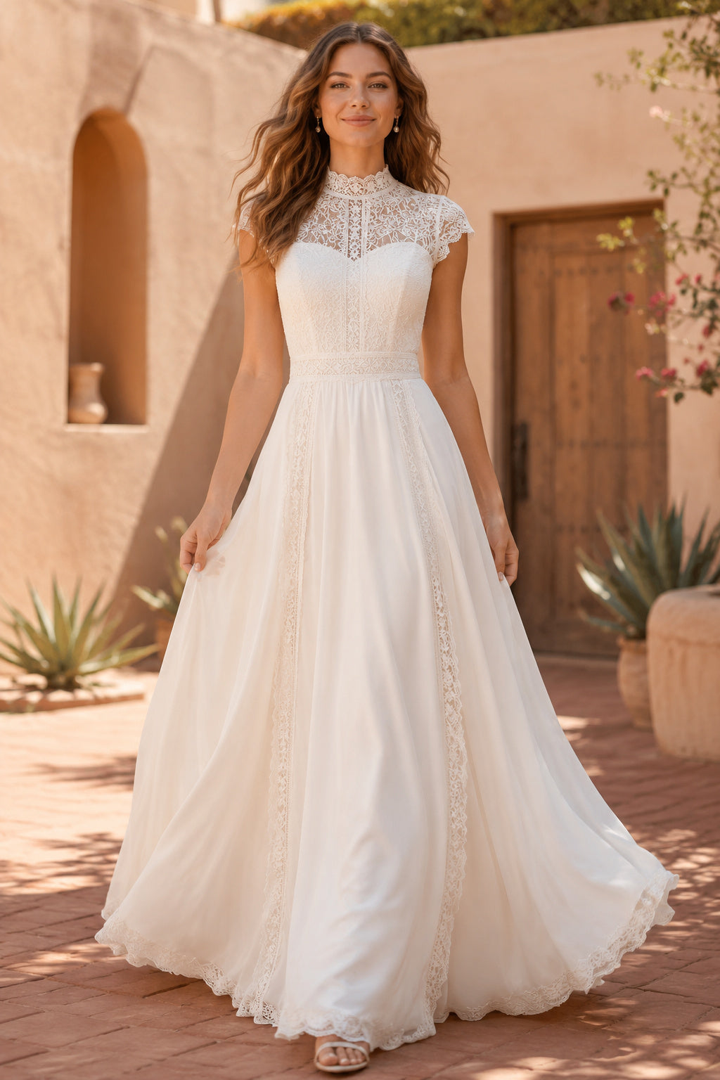Illusion Bateau A-Line Wedding Dress with Cap Sleeves and Soft Tulle Train for Beach Garden Ceremony front view