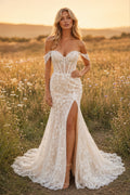 Ivory Off Shoulder Lace Mermaid Wedding Dress Split Chapel Train for Wedding Ceremony and Reception Style MG_701416 front vie