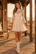 Ivory Western High Neck Long Sleeve Lace Mini Reception Dress for Wedding Reception and Party front view