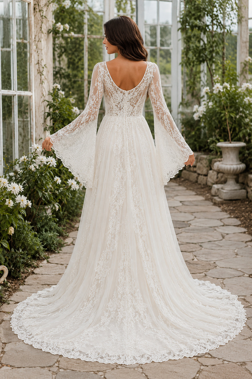 Ivory Square Neck Bell Sleeve Lace A-Line Wedding Dress with Low V-Back back view