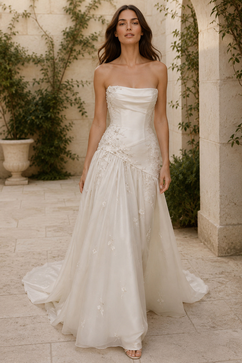 Strapless Organza A-Line Wedding Dress with Draped Bodice front view
