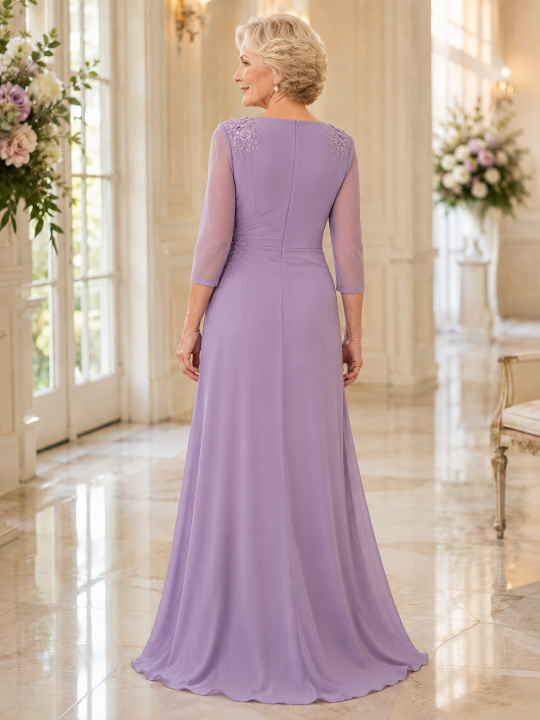 Lavender V neck long sleeve chiffon A line grandmother gown back view