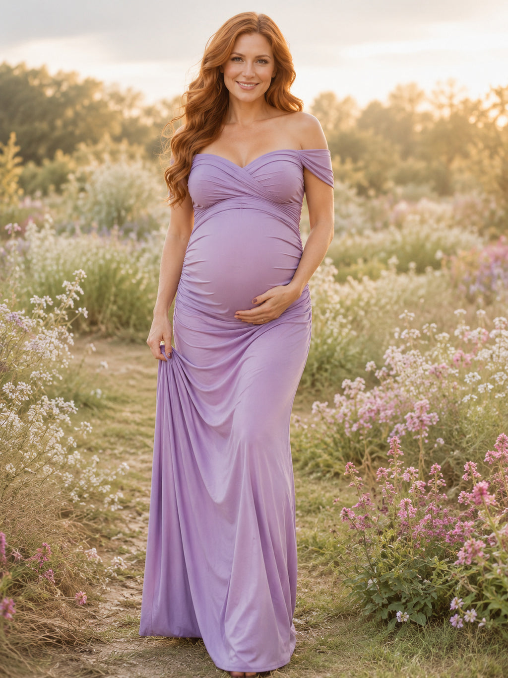 Lavender Off Shoulder Sweetheart Ruched Maternity Bodycon Jersey Floor Length Romantic Gown front view