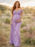Lavender Off Shoulder Sweetheart Ruched Maternity Bodycon Jersey Floor Length Romantic Gown front view
