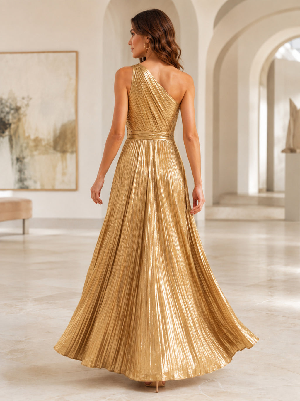 Gold Metallic One Shoulder A Line Formal Dress back view