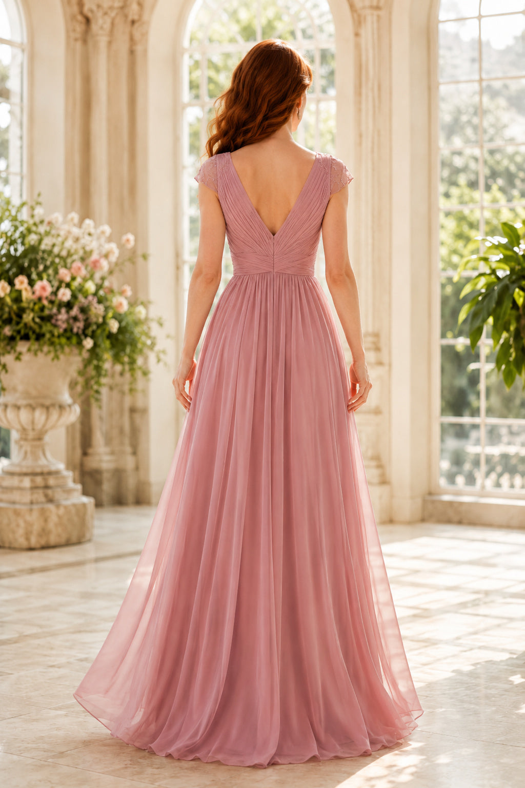 Dusty Rose Cap Sleeve V-Neck Chiffon A-Line Bridesmaid Dress with Pleated Bodice back view