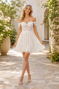 White Off-the-Shoulder Lace Bodice A-Line Mini Cocktail Dress with Tulle Skirt front view