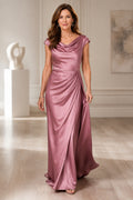 Vintage Mauve Cowl Neck Satin Sheath Mother Dress with Cap Sleeves and Side Drape front view