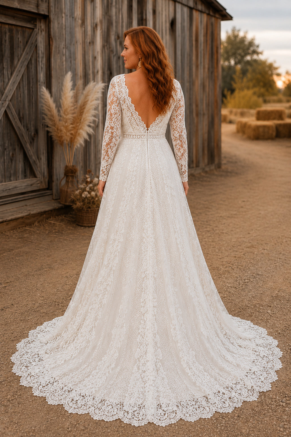 Ivory Plus Size V-Neck Long Sleeve Lace A-Line Wedding Dress with Split Front and Train back view