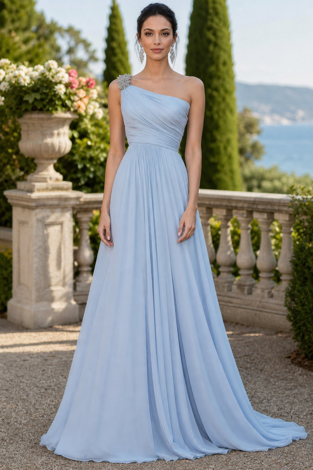 Light Blue One-Shoulder Floor-Length Chiffon A-Line Dress