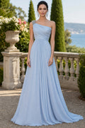 Light Blue One-Shoulder Floor-Length Chiffon A-Line Dress