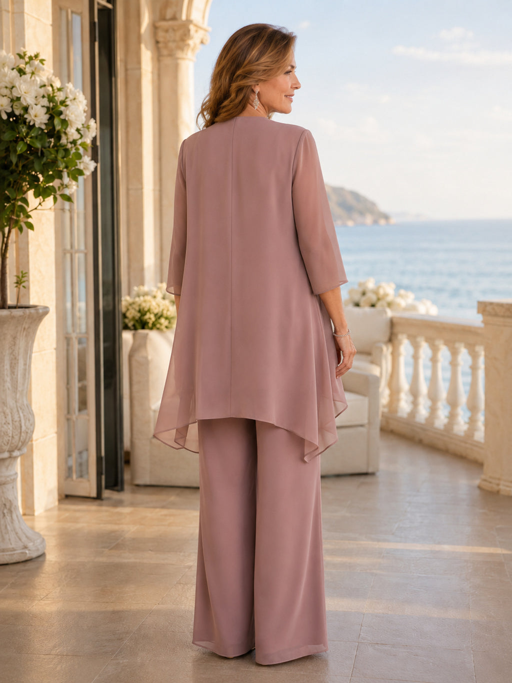Vintage Mauve Romantic Scoop-Neck Detachable Asymmetrical-Chiffon Jacket Wide-Leg Mother of the Bride Pantsuit back view