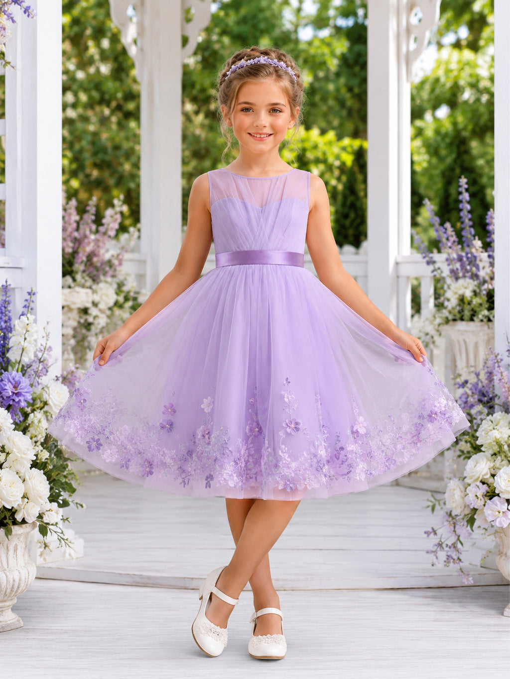 Princess Knee-Length A-Line Garden Flower Girl Lavender Tulle Floral Embroidered Bow Square Neck Dress front view