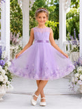 Princess Knee-Length A-Line Garden Flower Girl Lavender Tulle Floral Embroidered Bow Square Neck Dress front view