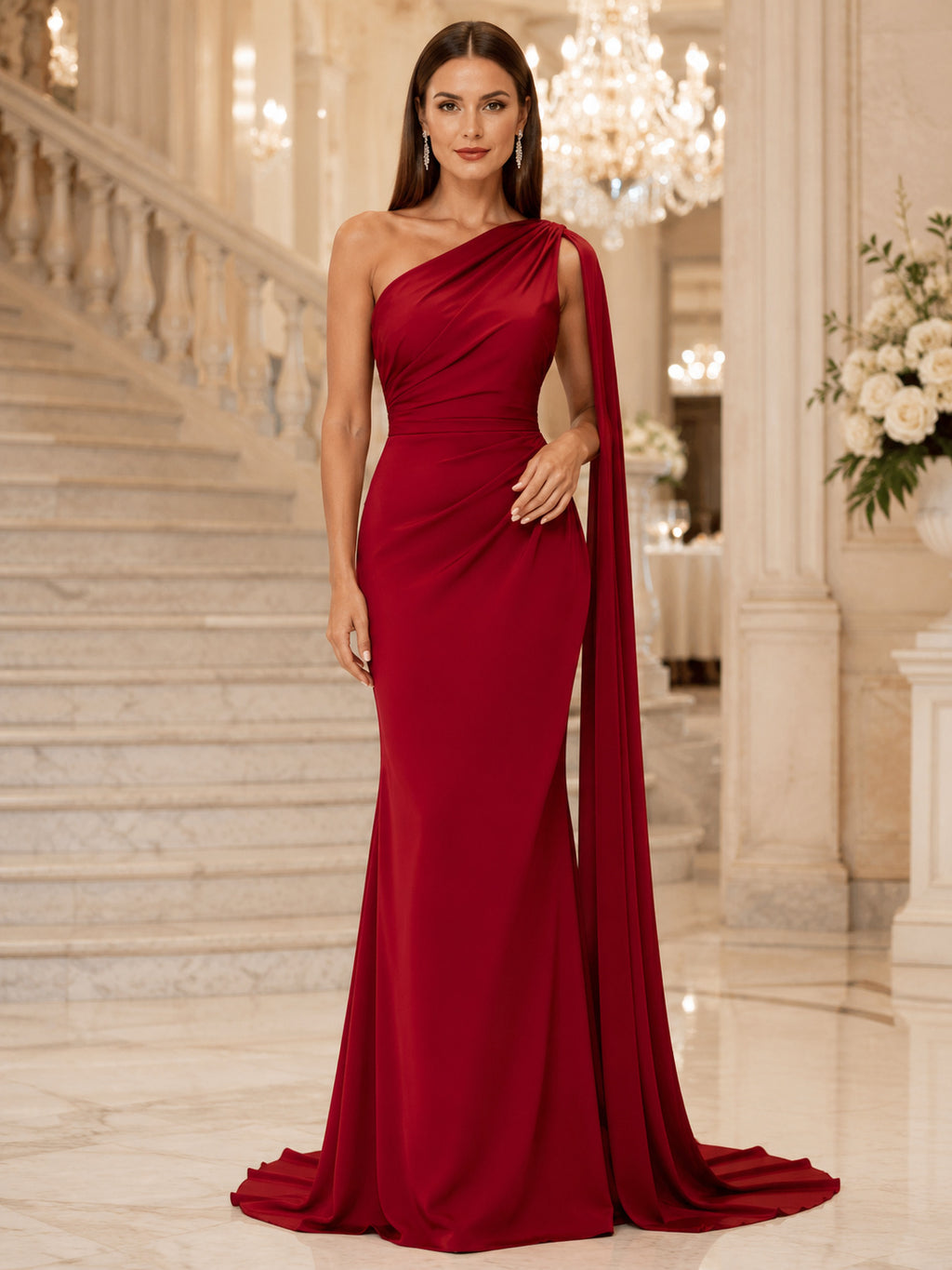 Red One Shoulder Satin Draped Formal Evening Gown front view