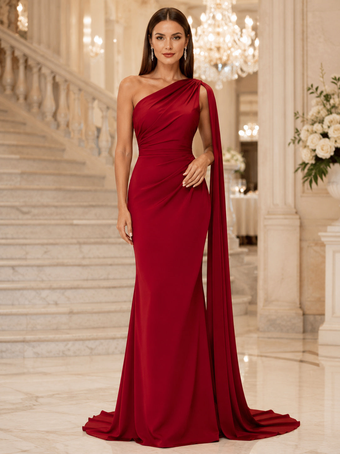 Red One Shoulder Satin Draped Formal Evening Gown front view