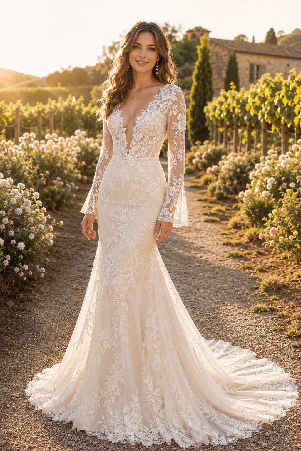 Ivory Long Sleeve V-Neck Lace Mermaid Wedding Dress Chapel Train for Wedding Ceremony and Reception front view
